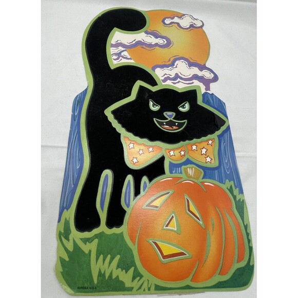 Vintage Halloween Decoration Cardstock Pumpkin Black Cat Two Sided Velvet - Picture 1 of 12